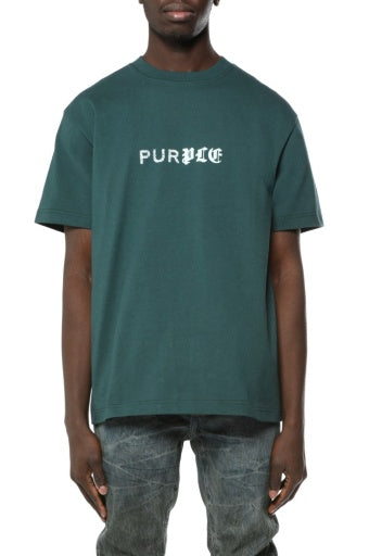 Purple Brand HWT Jersey SS Tee in green, front on model