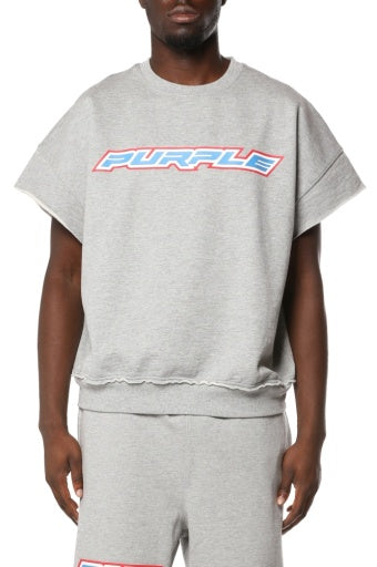 Purple Slub Cut Off Muscle Fleece - Grey, front on model