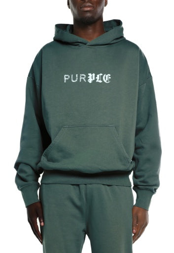 Purple Brand HWT Fleece PO Hoody in green, front on model