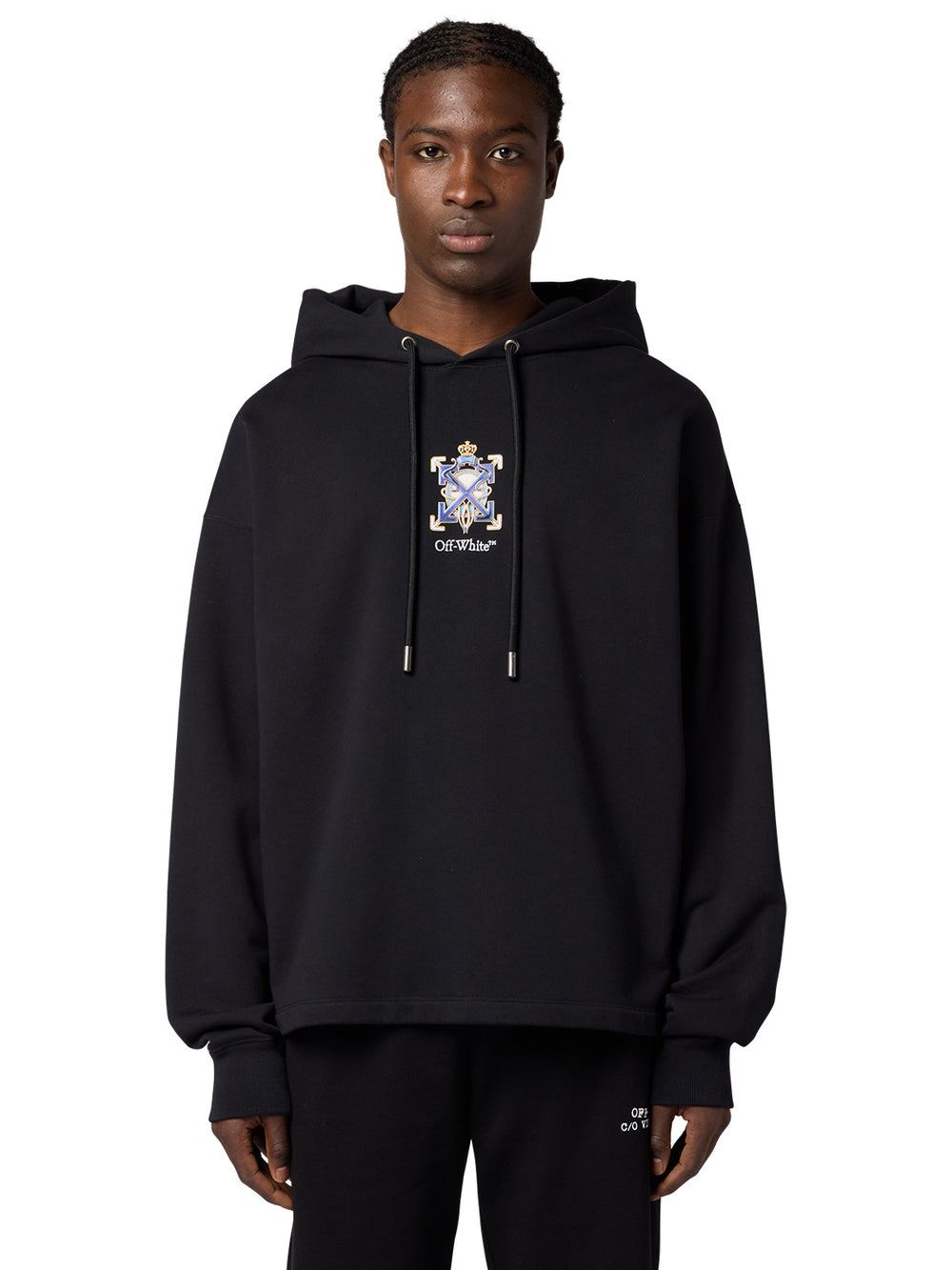 Off-White Jewelry Araldic Arrow LS Hoodie in black, front on model