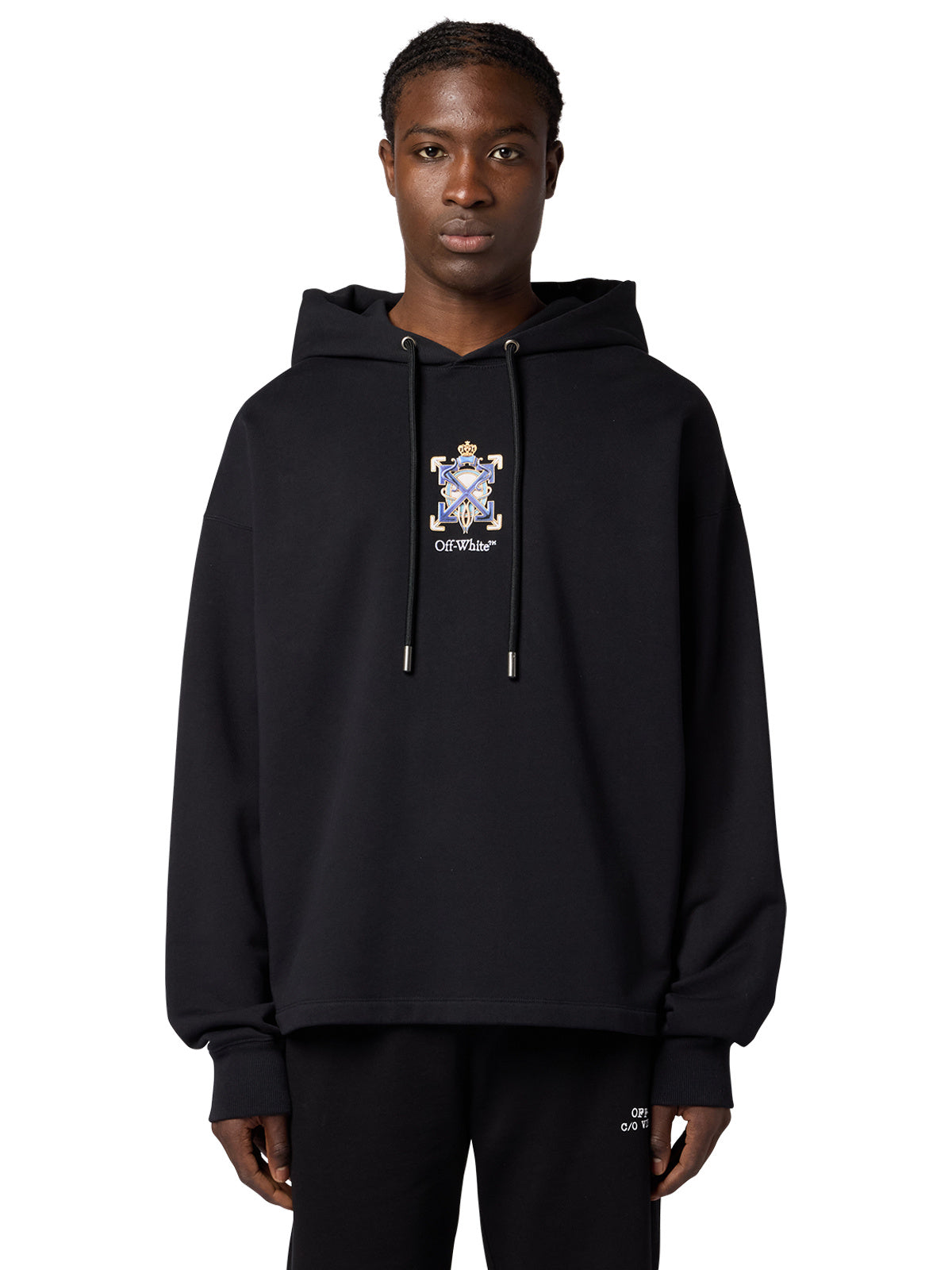 Off-White Jewelry Araldic Arrow LS Hoodie in black, front on model