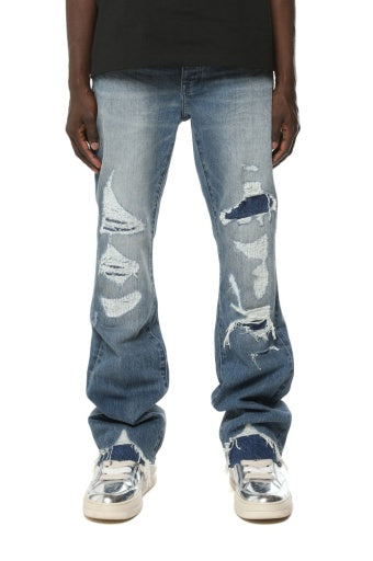 Purple Brand Vintage Heavy Destroy jeans in light indigo, front on model
