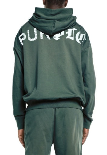 Purple Brand HWT Fleece PO Hoody in green, back on model