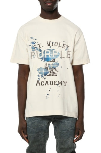 Purple Brand Textured Jersey SS Tee in off white, front on model