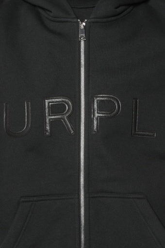 Purple Brand HWT Fleece FZ Hoody in black, logo detail