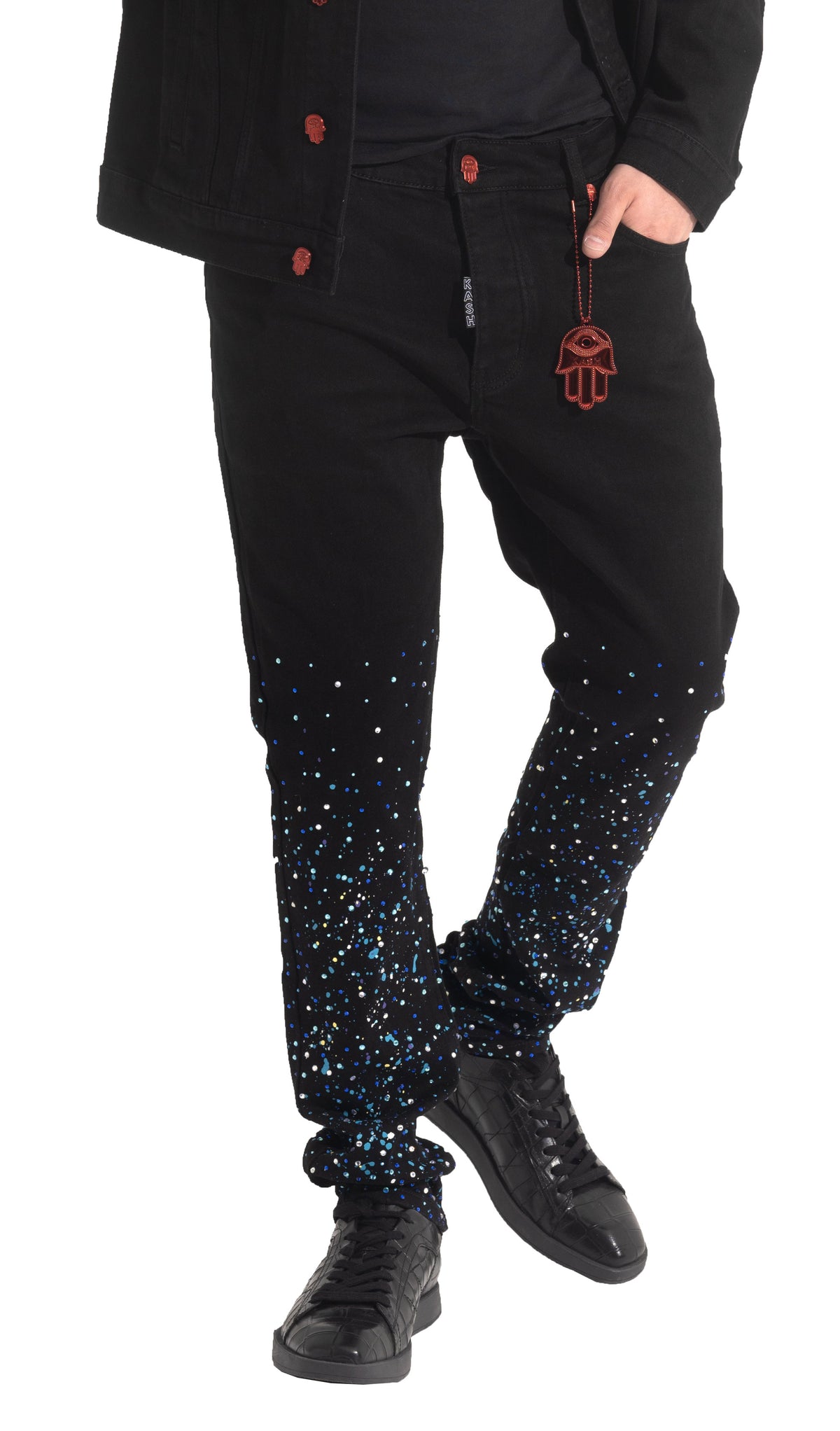 PAINT AND CRYSTAL SPLATTERED DENIM- BLACK