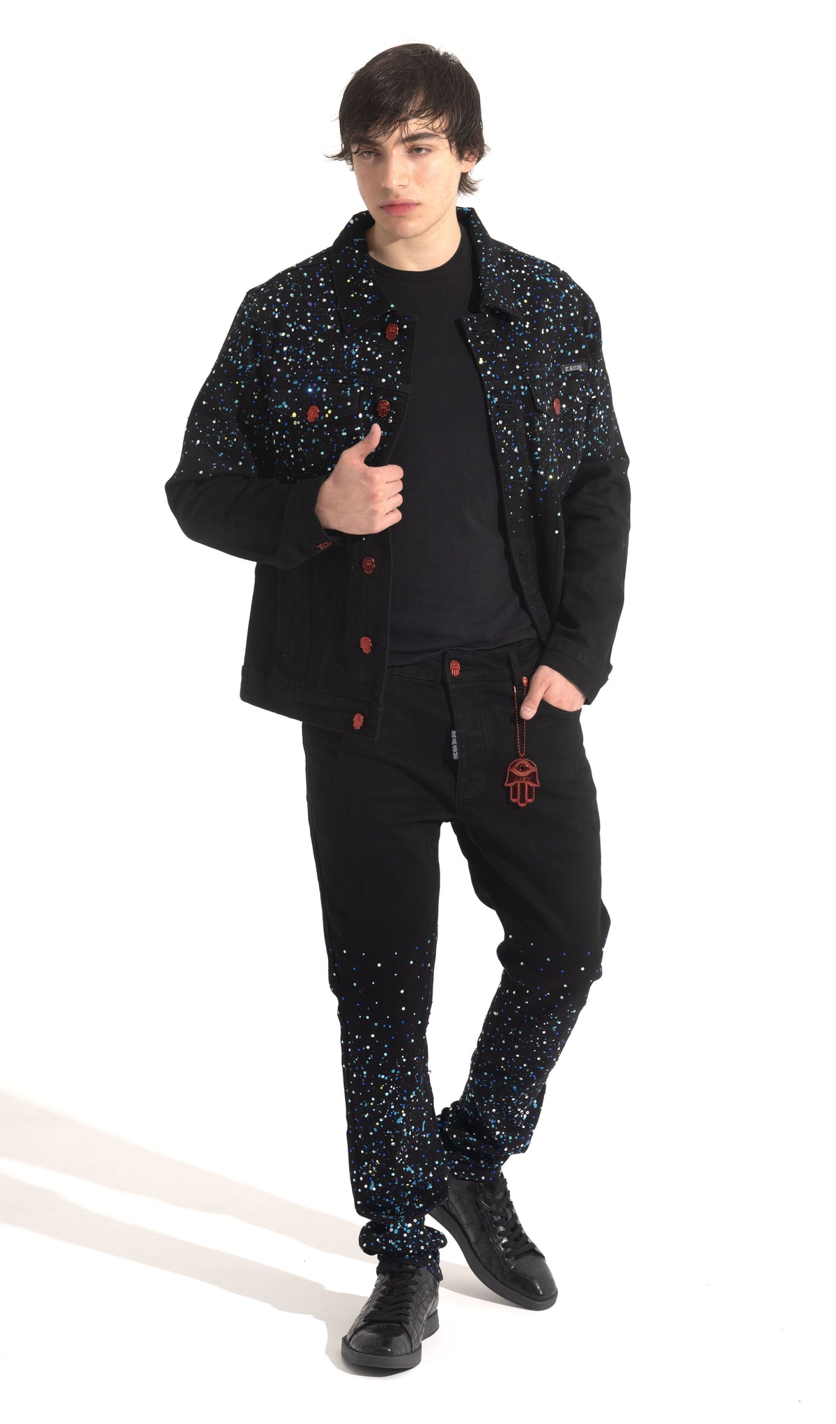 PAINT AND CRYSTAL SPLATTERED DENIM- BLACK