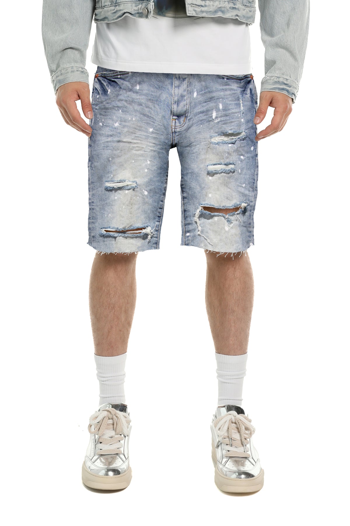 Purple Brand Painterly Rip denim shorts in light indigo – view 1 of 1