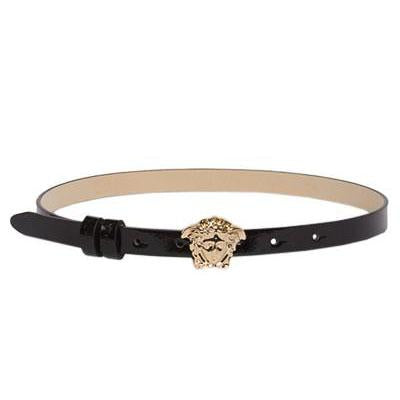 Girls Skinny Leather Belt with Full Gold Medusa Head-Black