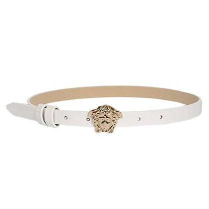 Girls Skinny Leather Belt with Full Gold Medusa Head-White