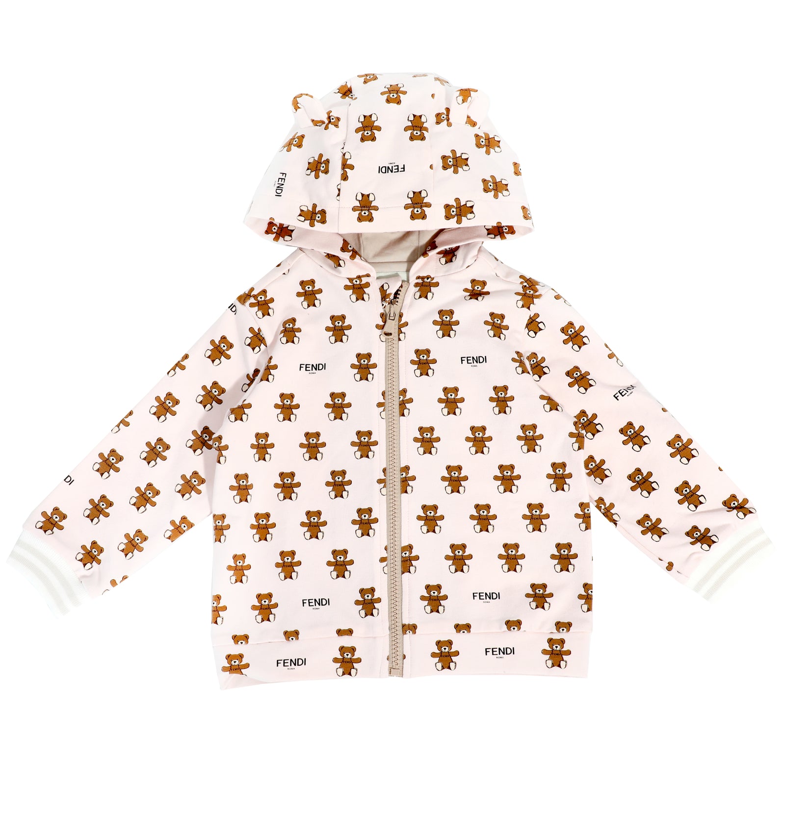 BABY BEAR HOOD ZIP UP SWEATSHIRT W/ ALLOVER BEAR PRINT-LIGHT PINK