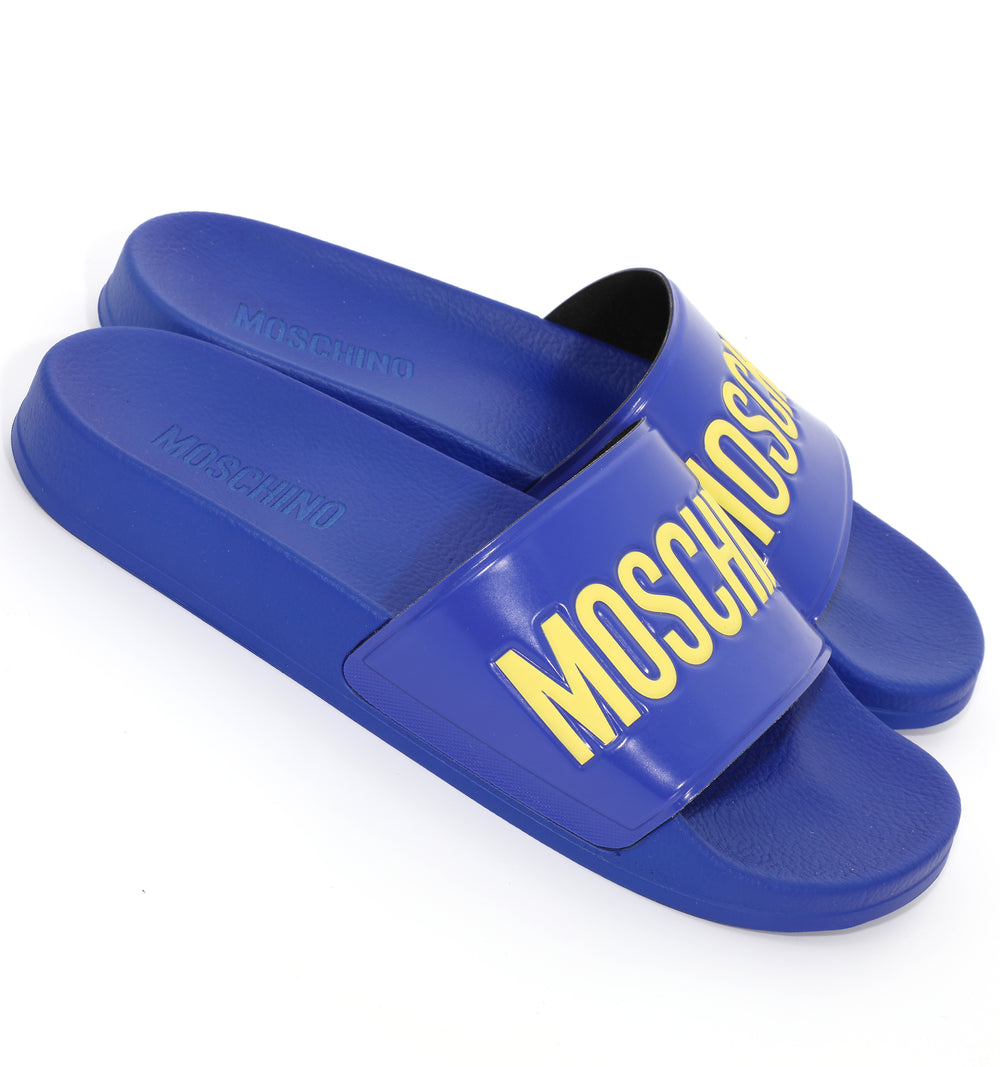 Moschino Pool Slides in Rubber with Logo in blue/lime – view 1 of 3