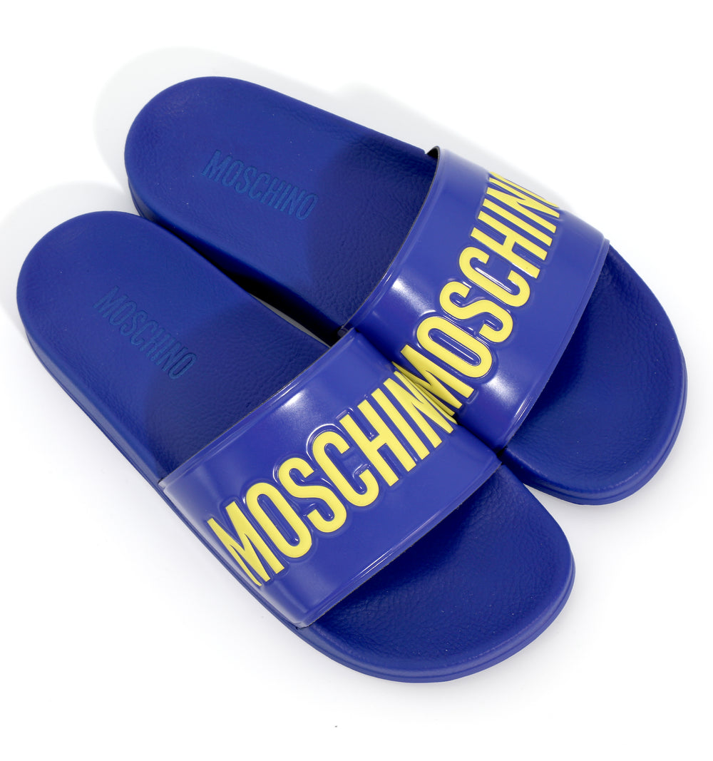 Moschino Pool Slides in Rubber with Logo in blue/lime – view 2 of 3