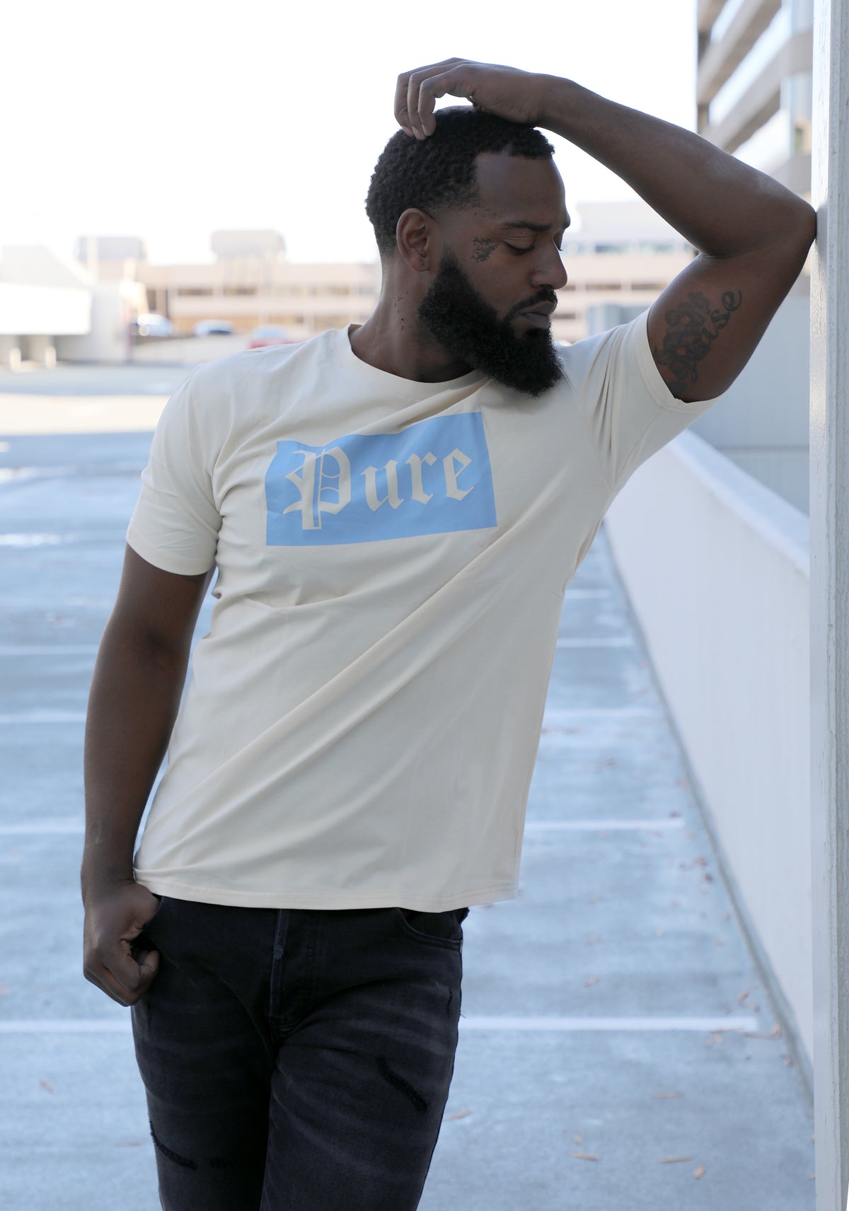 Cream Pure Tee With Blue Block Logo