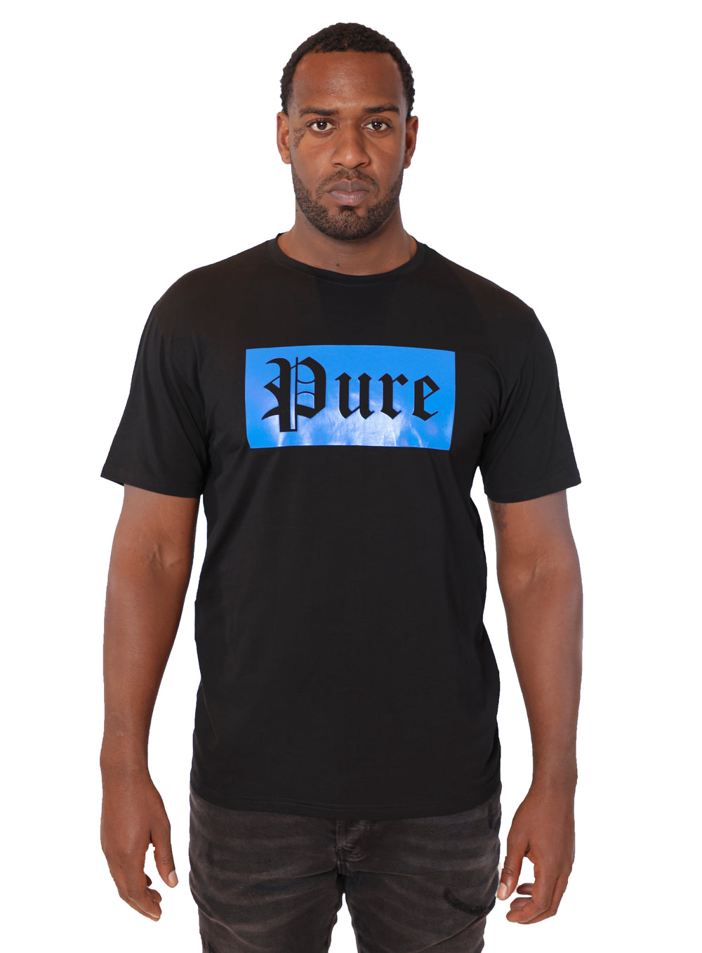Pure Stretch Block Logo Tee in black with blue logo – view 3 of 4