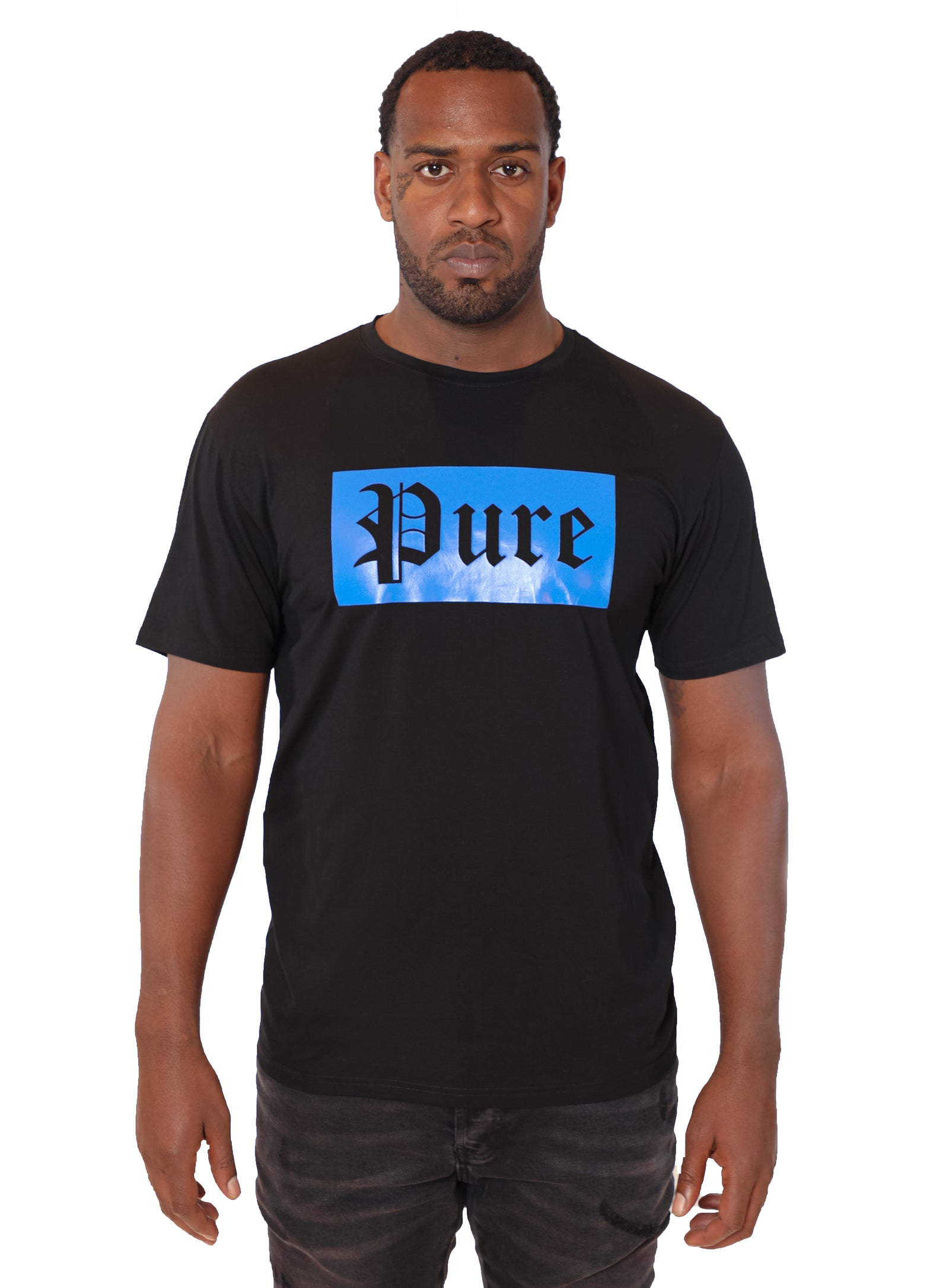 Pure Stretch Block Logo Tee in black with blue logo – view 3 of 4