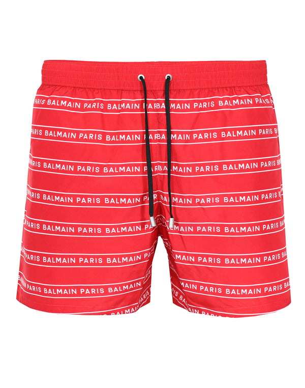 BALMAIN ALLOVER LOGO SWIM SHORT RED|WHITE