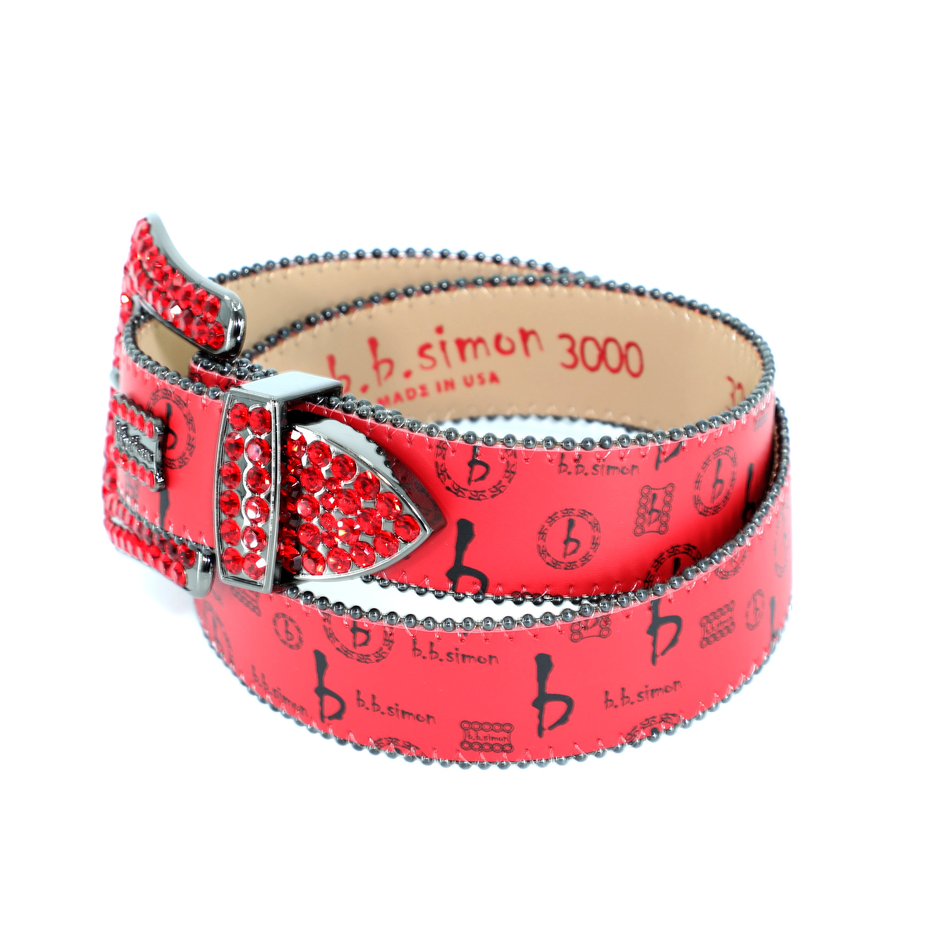 B.B Simon Red Belt w/ All Silver Crystals and Parachute Studs Red / 36