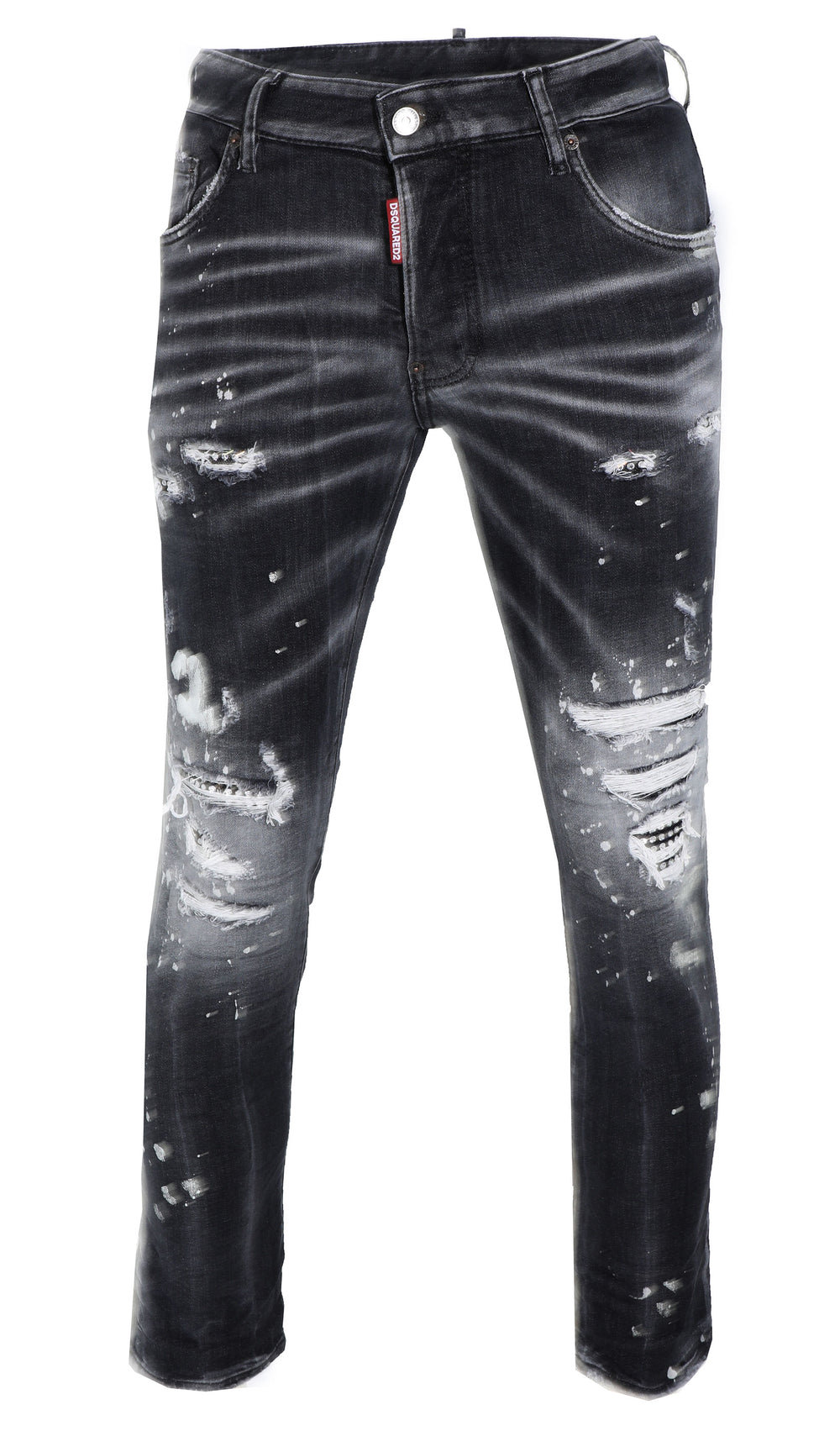 DSQUARED2 Dark Wash Denim with Crystals and Silver Foil Paint Splatter in black – view 1 of 3
