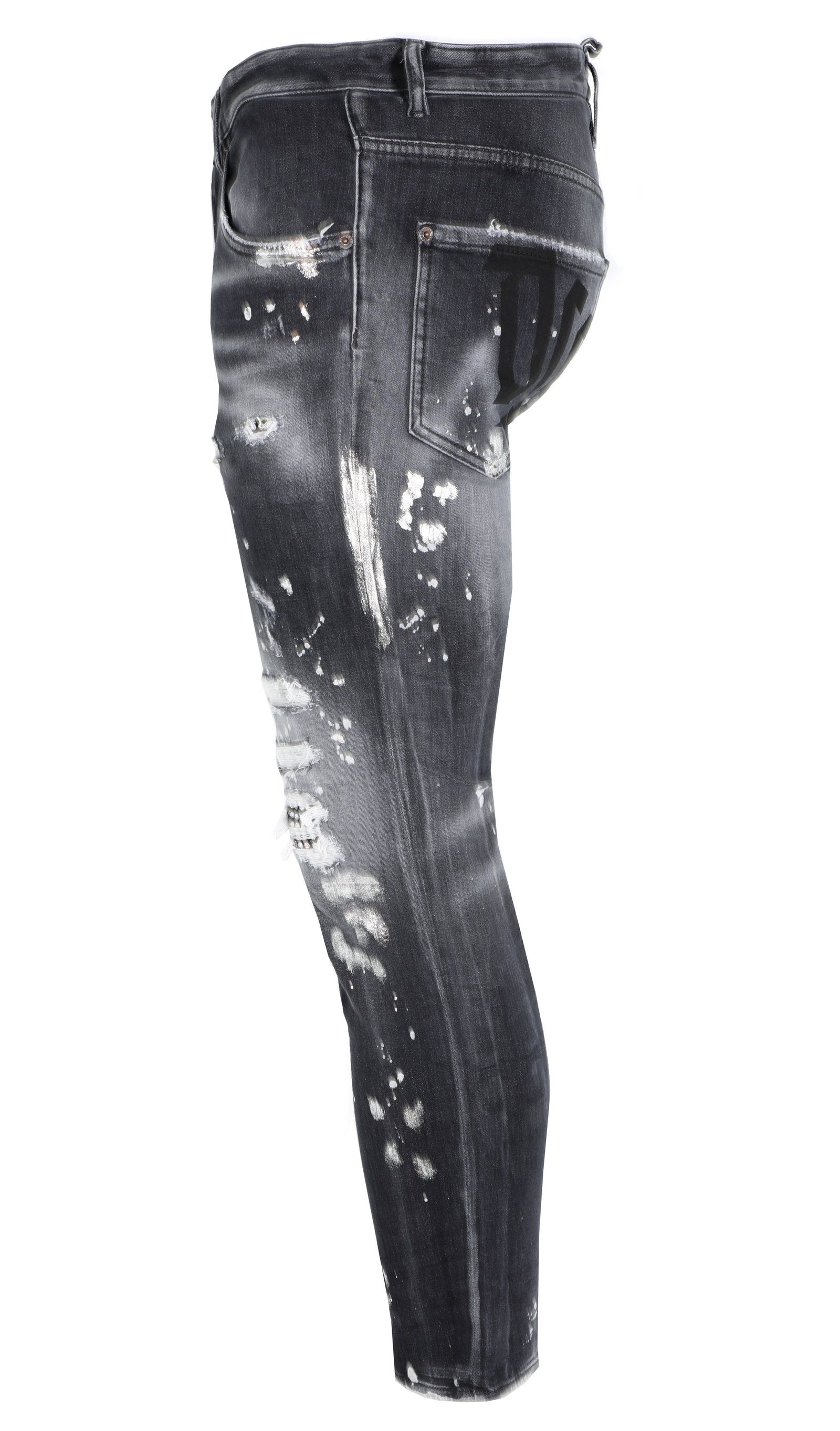 DSQUARED2 Dark Wash Denim with Crystals and Silver Foil Paint Splatter in black – view 2 of 3