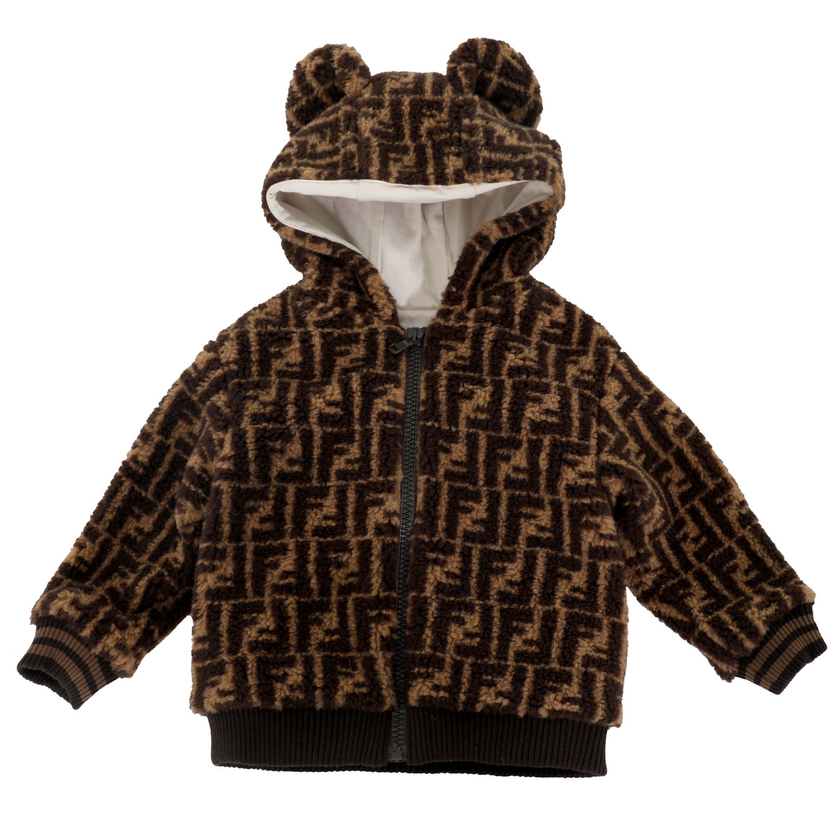 BABY ZIP UP HOODED FUZZY SWEATSHIRT W| FF ALLOVER - BLACK/BROWN