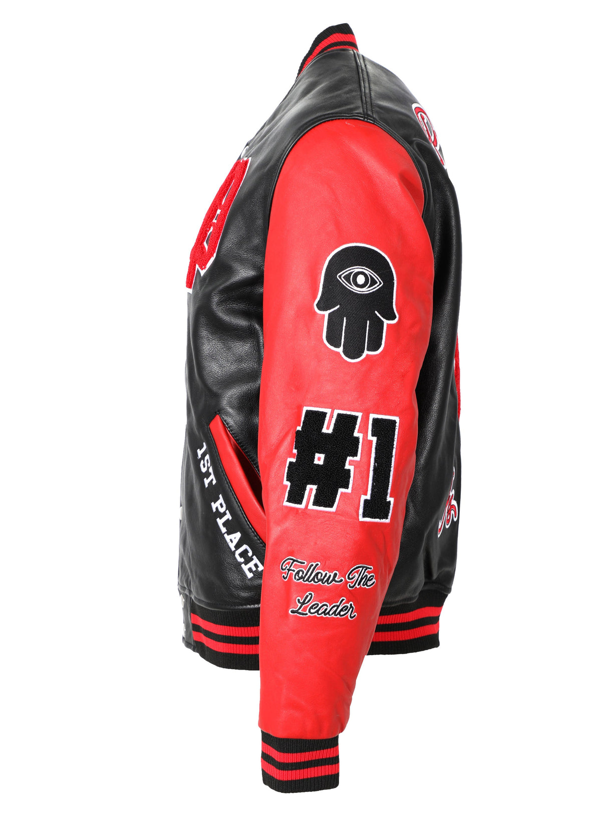 PURE VARSITY LEATHER JACKET - BLACK W/ RED