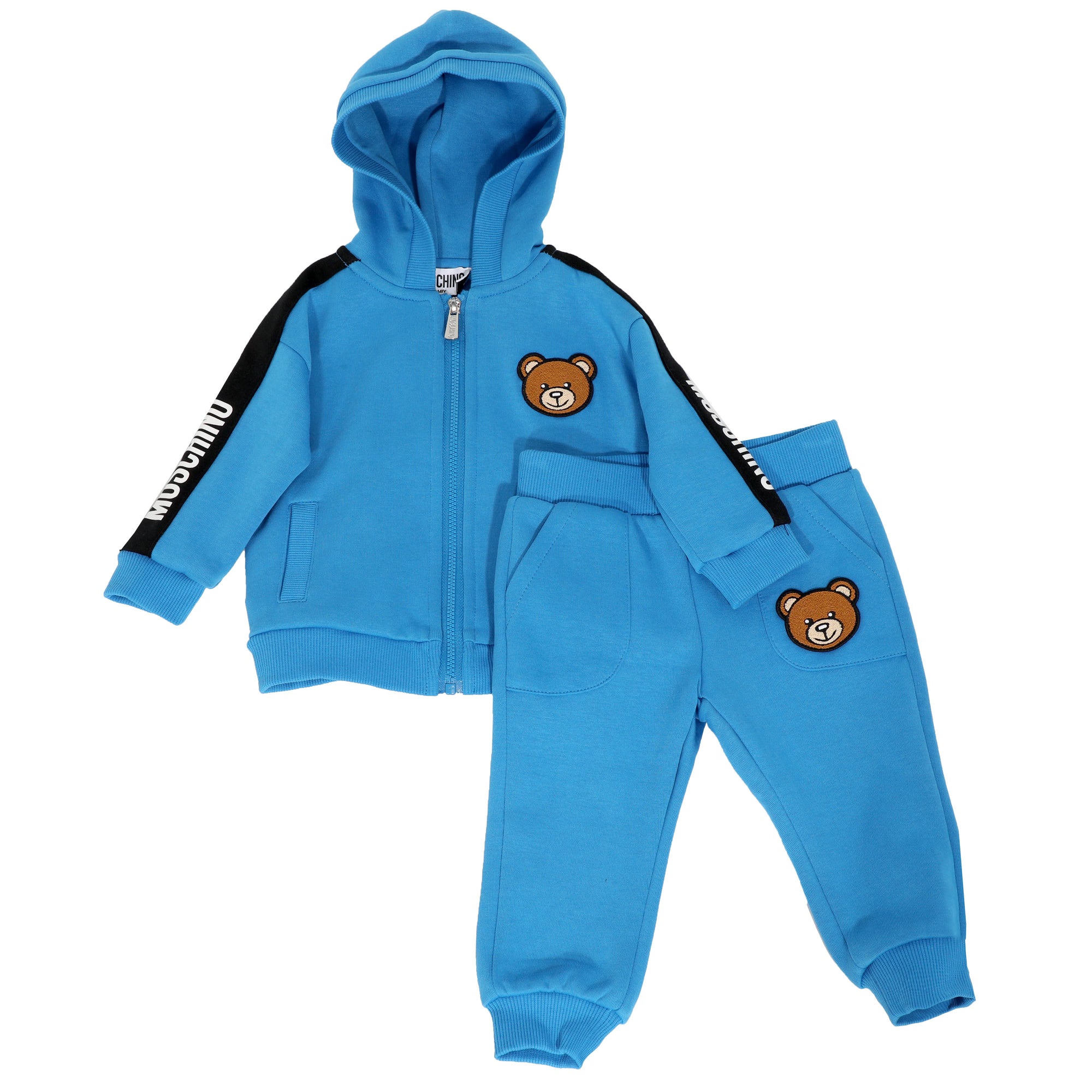 Zip-Up Tracksuit with Small Bear Graphic-Blue