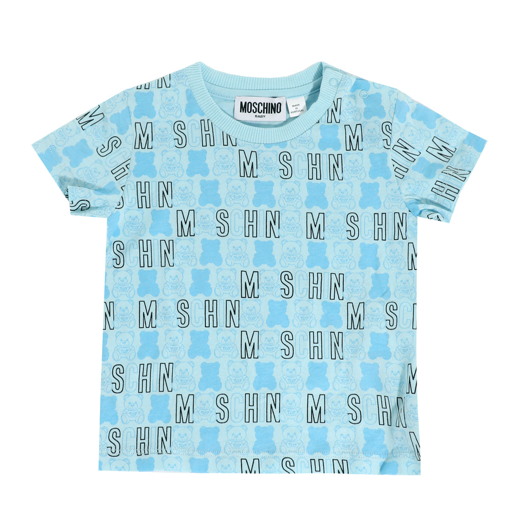 SS Tee With Allover Logo and Bear Print-Sky Blue