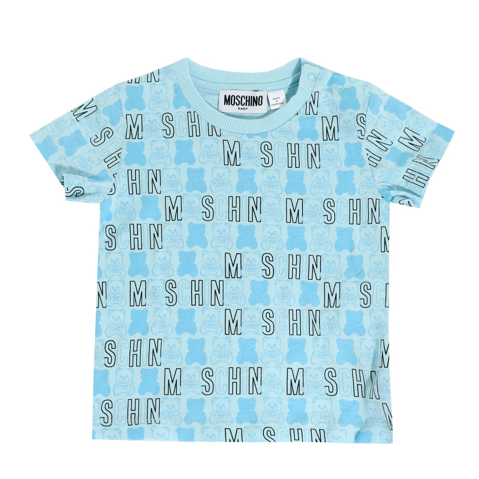 SS Tee With Allover Logo and Bear Print-Sky Blue