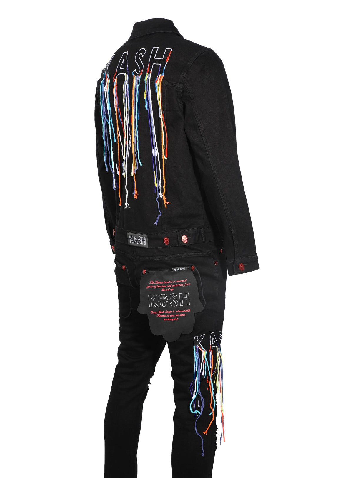 DENIM JACKET WITH MULTICOLOR STRINGS - BLACK