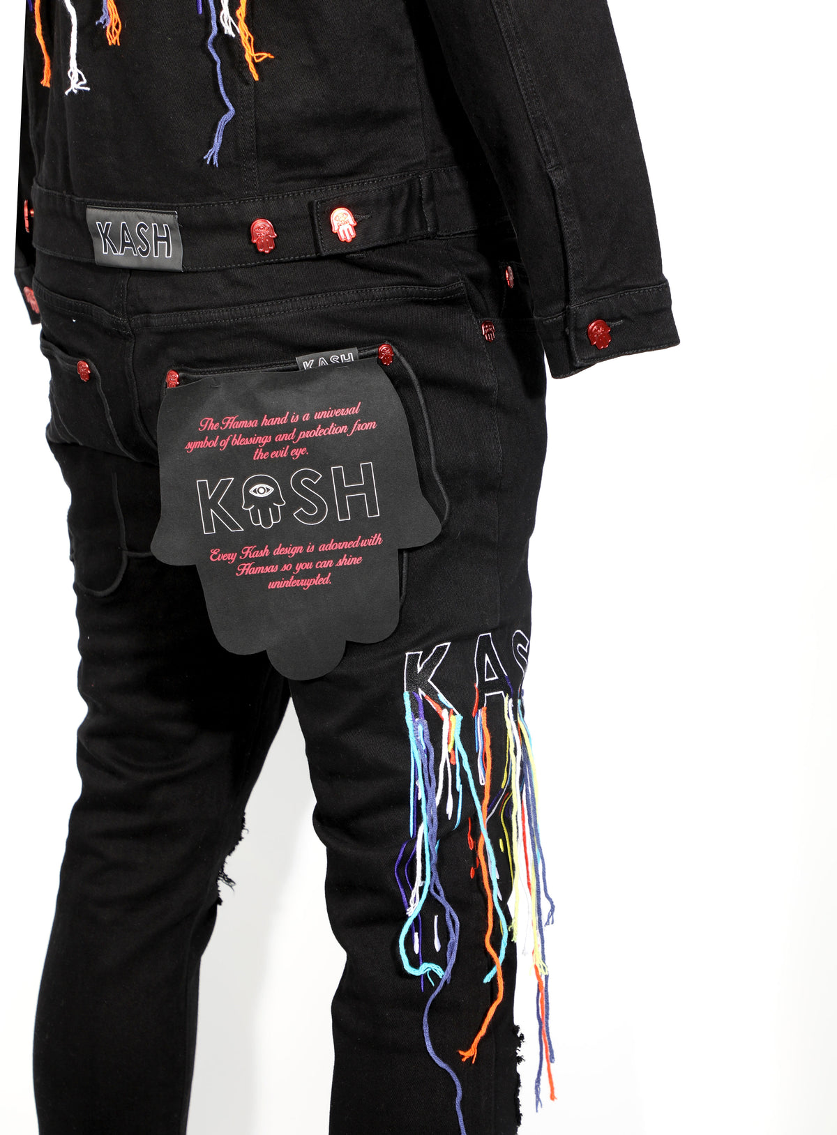 DENIM JACKET WITH MULTICOLOR STRINGS - BLACK