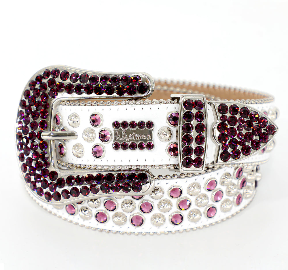 BB Simon B.B. SIMON WHITE BELT W/ PURPLE CRYSTALS AND SILVER PARACHUTE STUDS – view 1 of 2