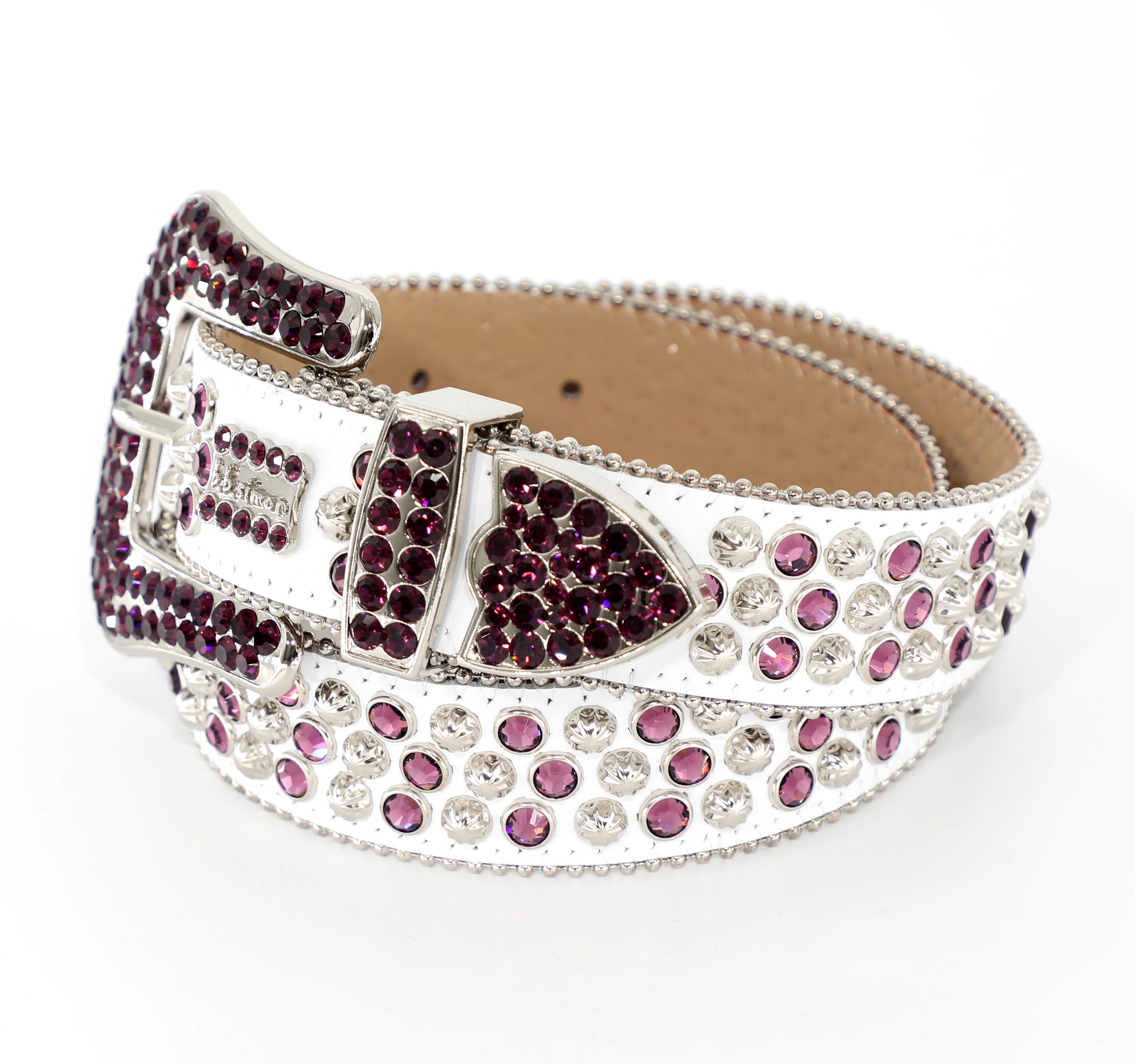 B.B. Simon White Belt with Purple Crystals and Silver Parachute Studs