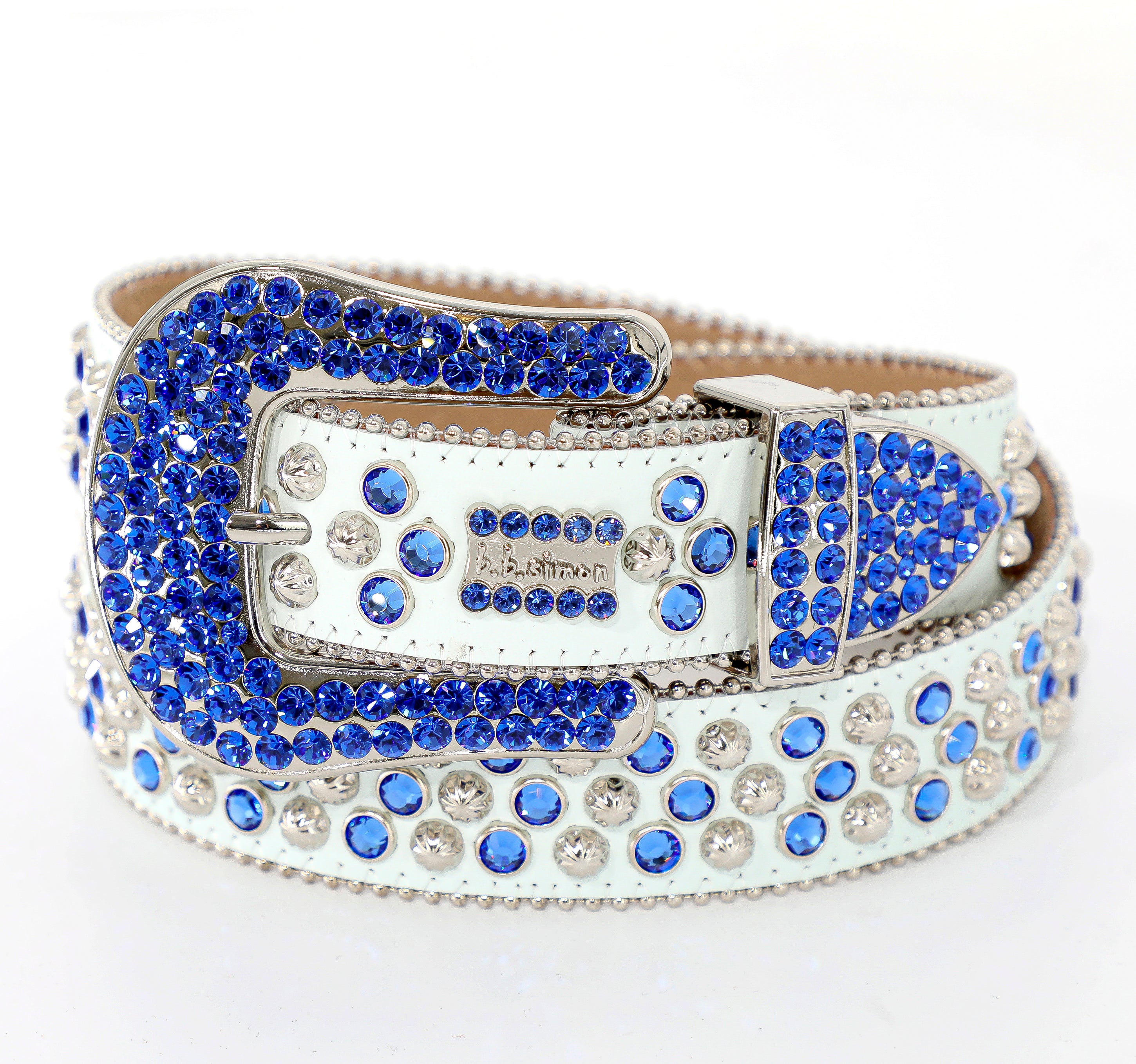 B.B. Simon White Belt with Blue Crystals and Silver Parachute Studs