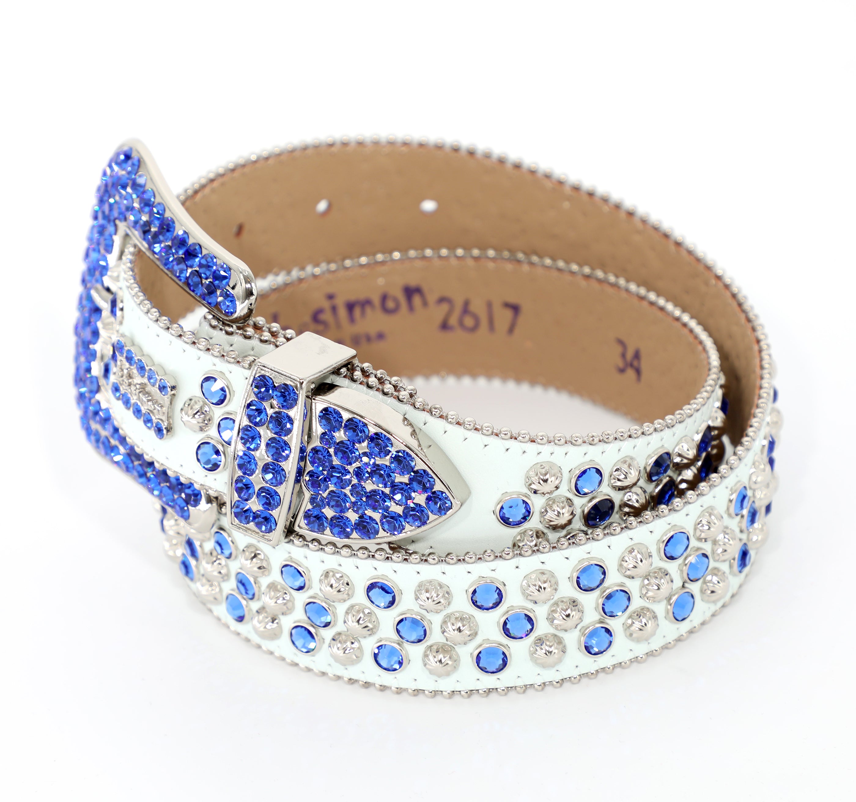 B.B. SIMON WHITE BELT W/ BLUE CRYSTALS AND SILVER PARACHUTE STUDS