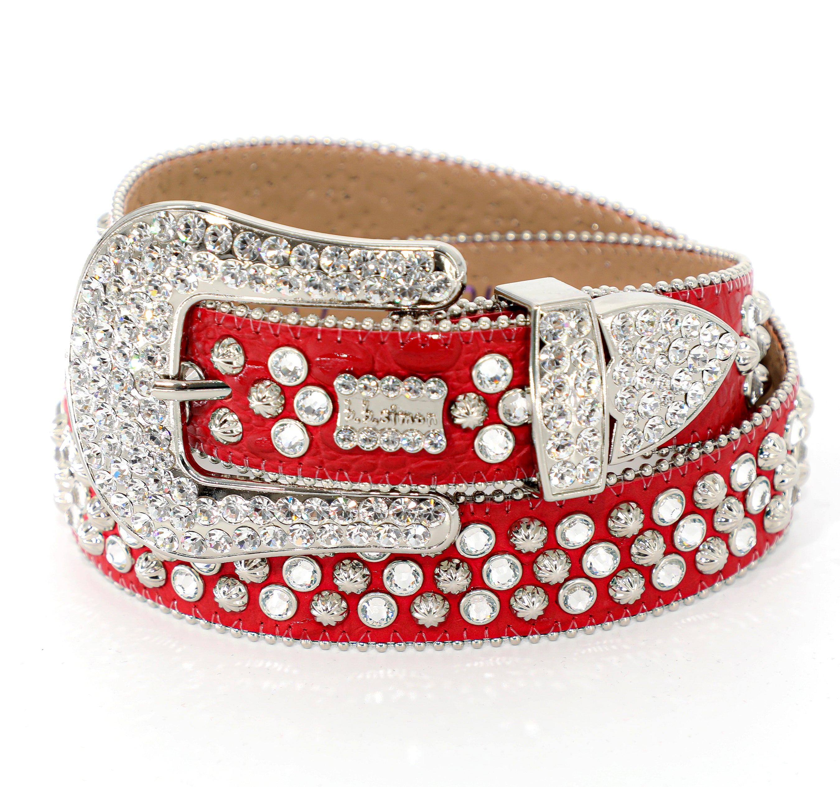 B.B Simon Red Belt with All Silver Crystals and Parachute Studs
