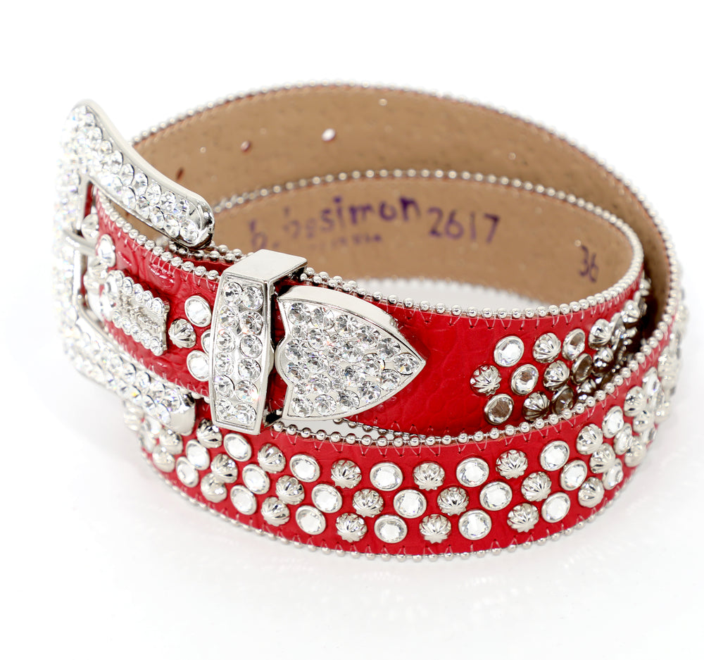 B.B. Simon 2617 red leather belt with silver crystals and parachute studs – view 2 of 2