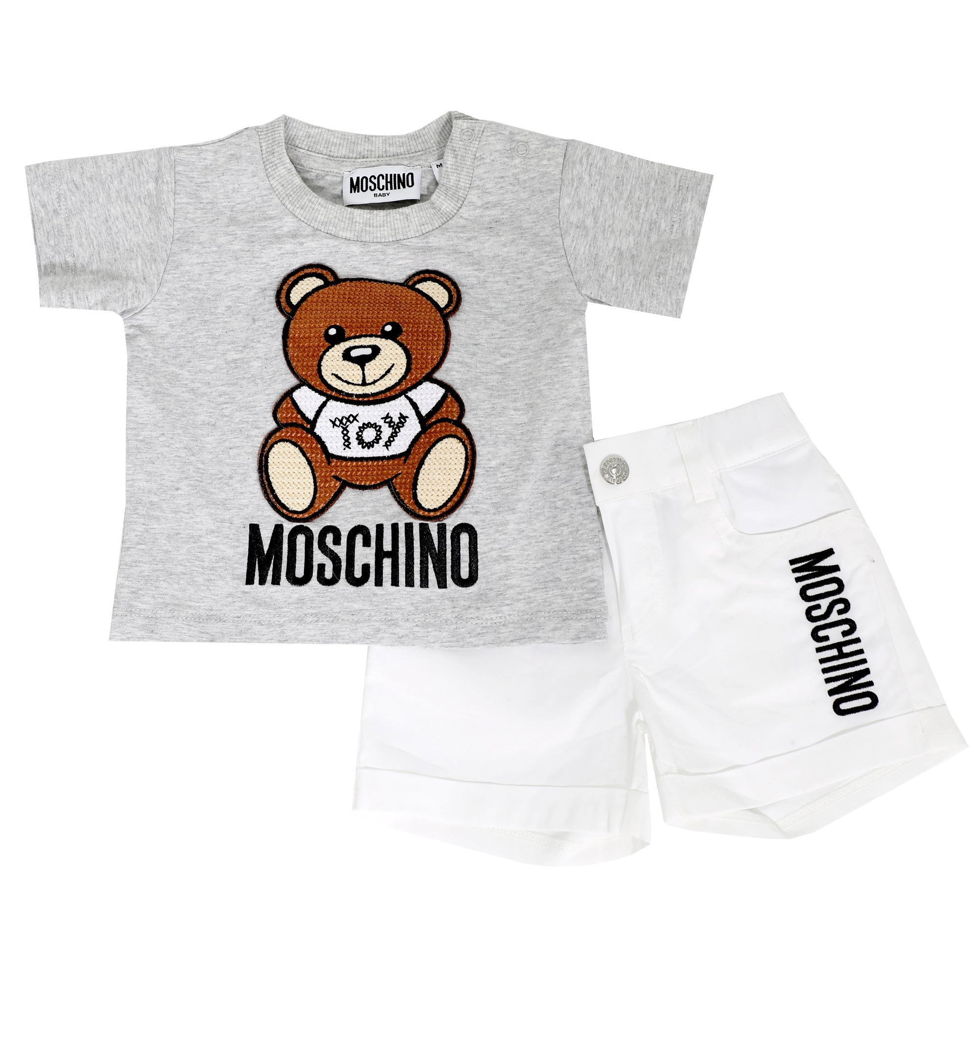 POPELINE T-SHIRT AND SHORTS SET WITH PATCH AND LOGO-GREY / WHITE