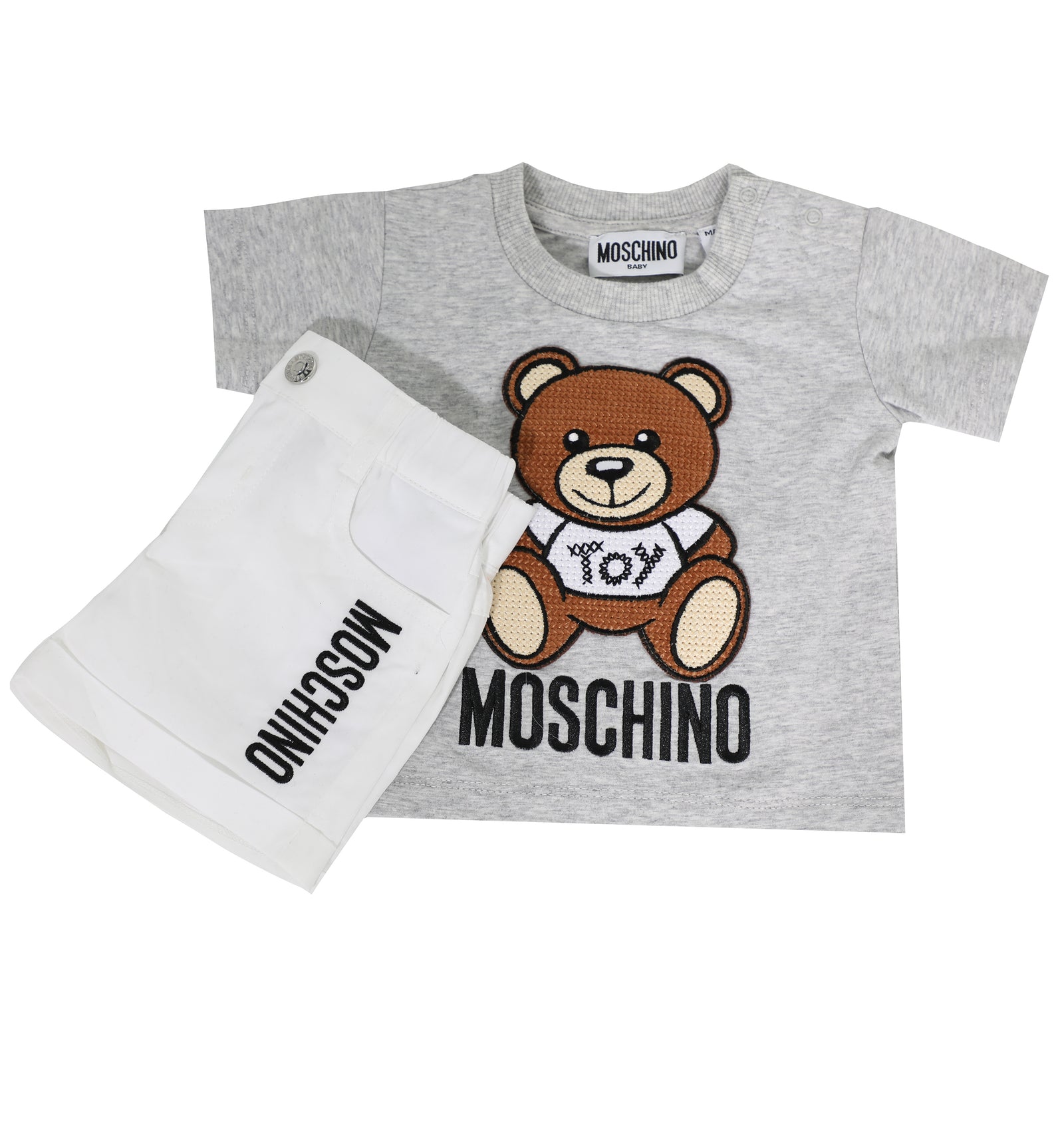 POPELINE T-SHIRT AND SHORTS SET WITH PATCH AND LOGO-GREY / WHITE