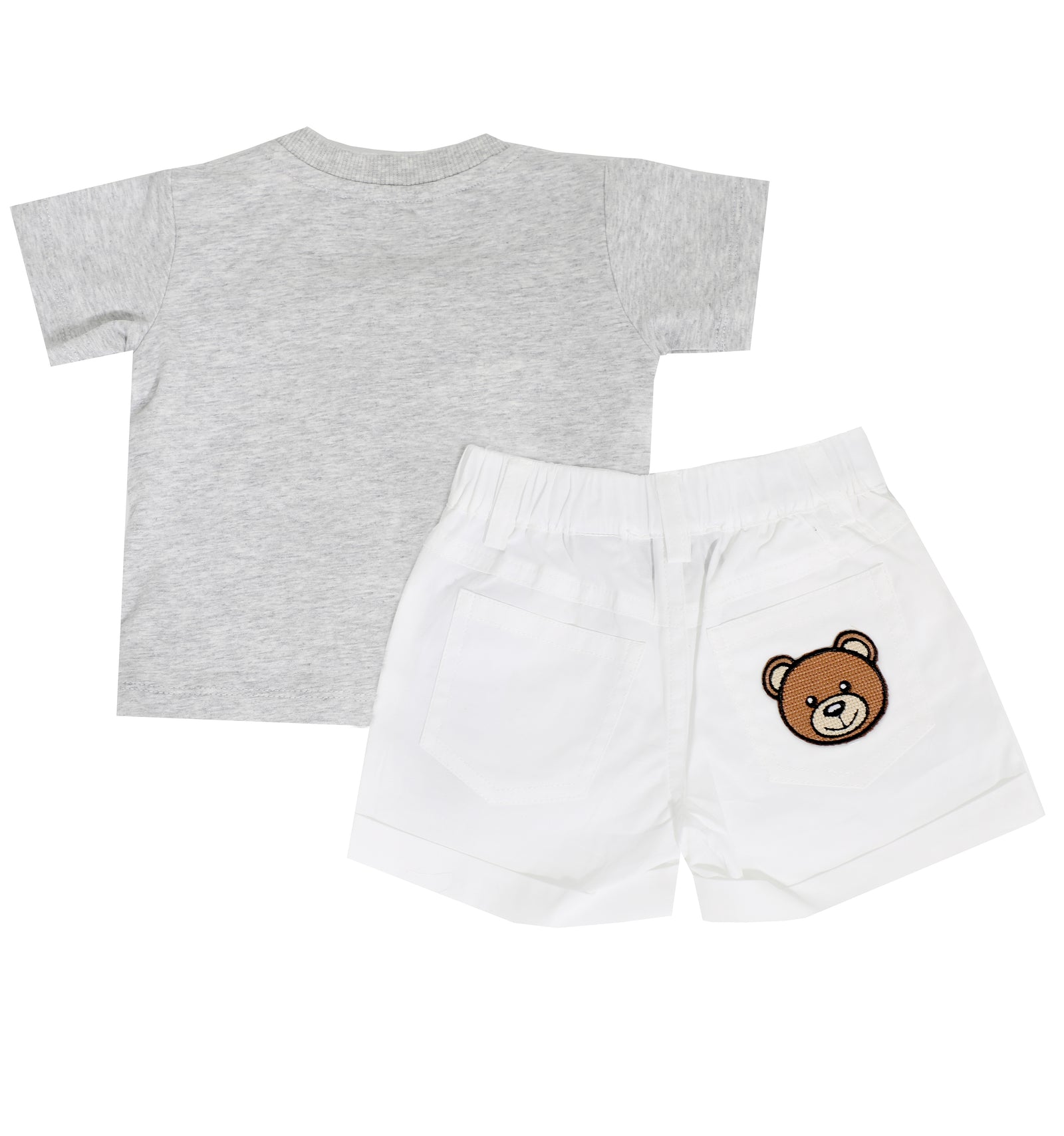 POPELINE T-SHIRT AND SHORTS SET WITH PATCH AND LOGO-GREY / WHITE