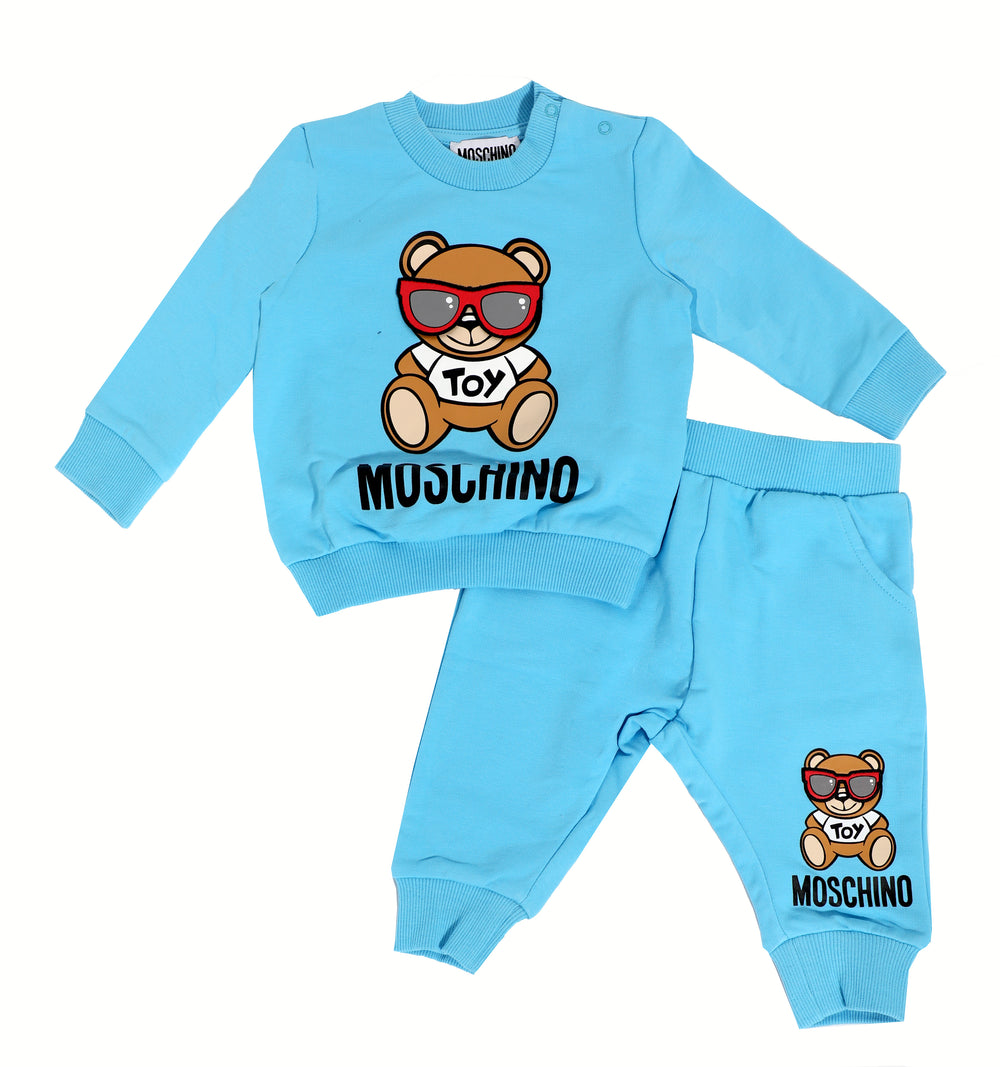 Kids Moschino Fleece Tracksuit with Patch and Logo Print in aqua blue – view 1 of 2