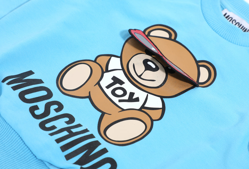 Kids Moschino Fleece Tracksuit with Patch and Logo Print in aqua blue – view 2 of 2