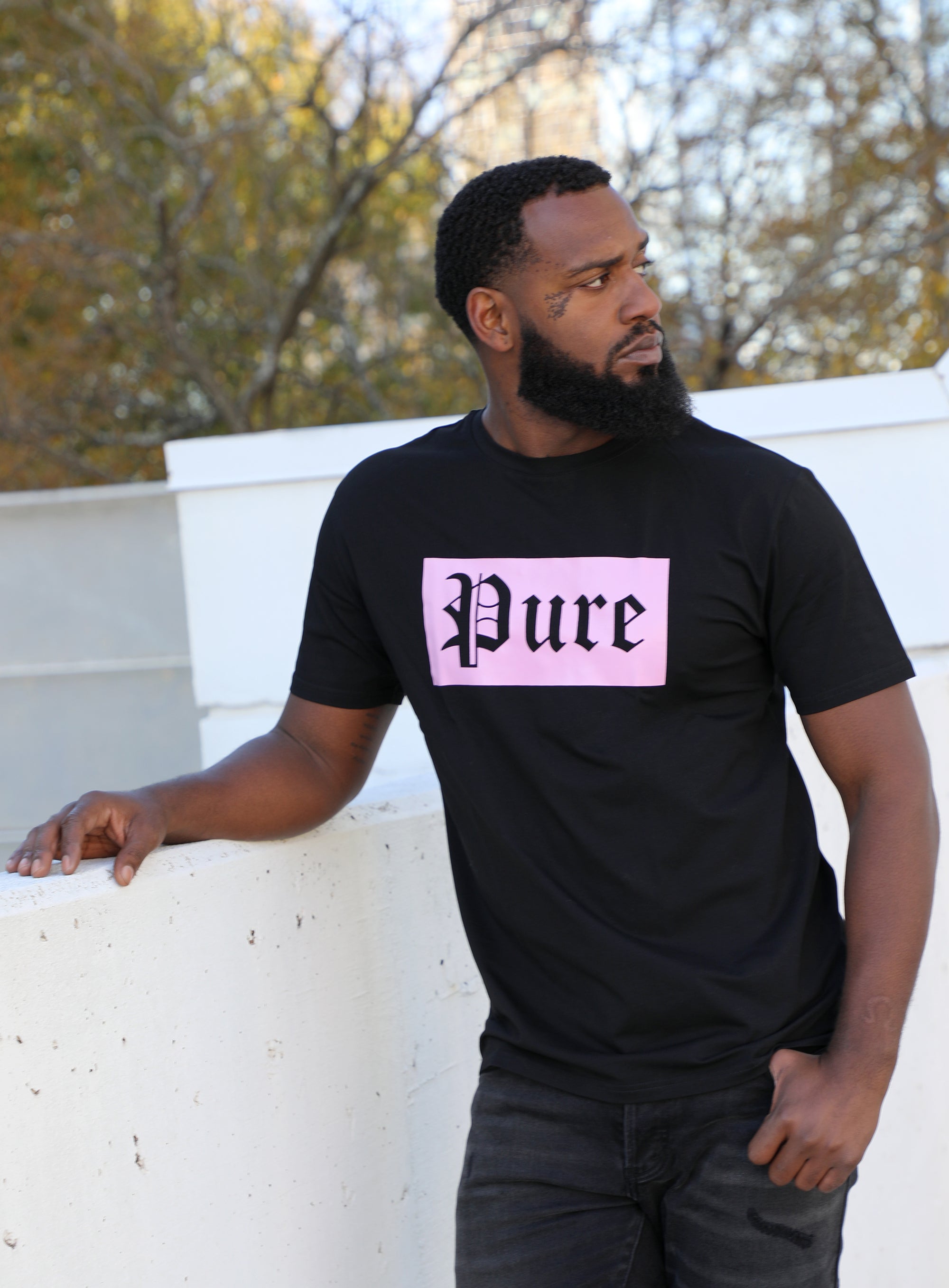 Stretch Black Tee with Pink Block Logo