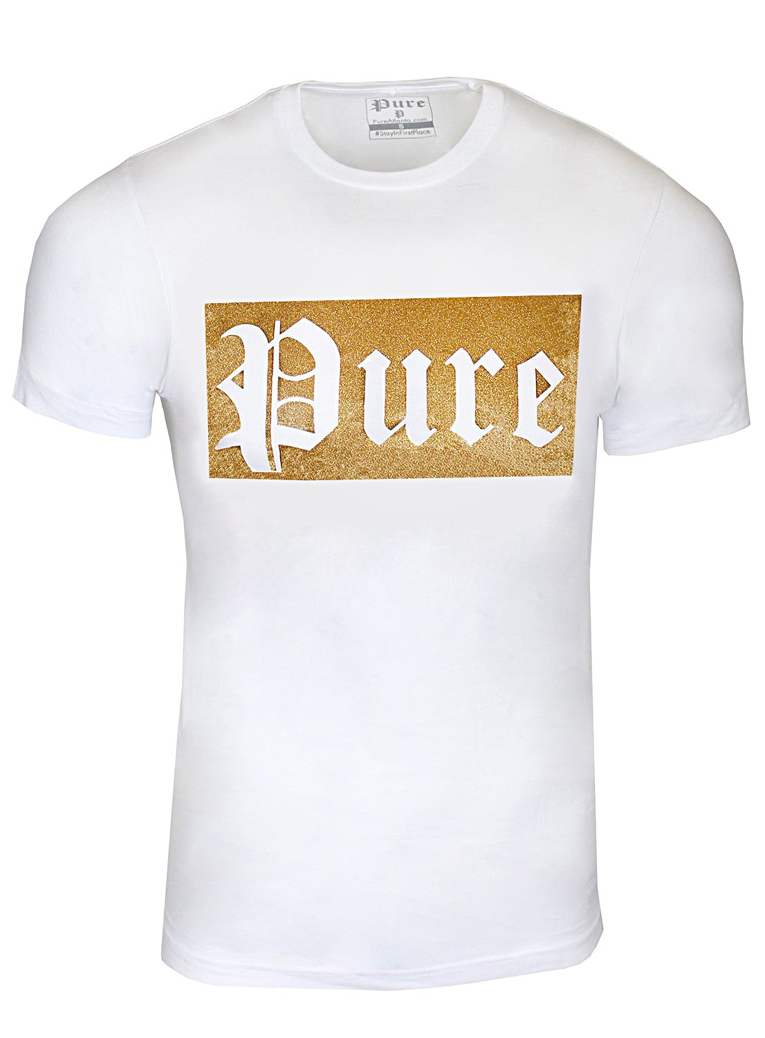 Pure Block Logo Tee in white with gold logo – view 1 of 2