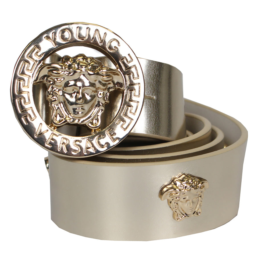 Young Versace girls leather belt with Medusa studs in gold