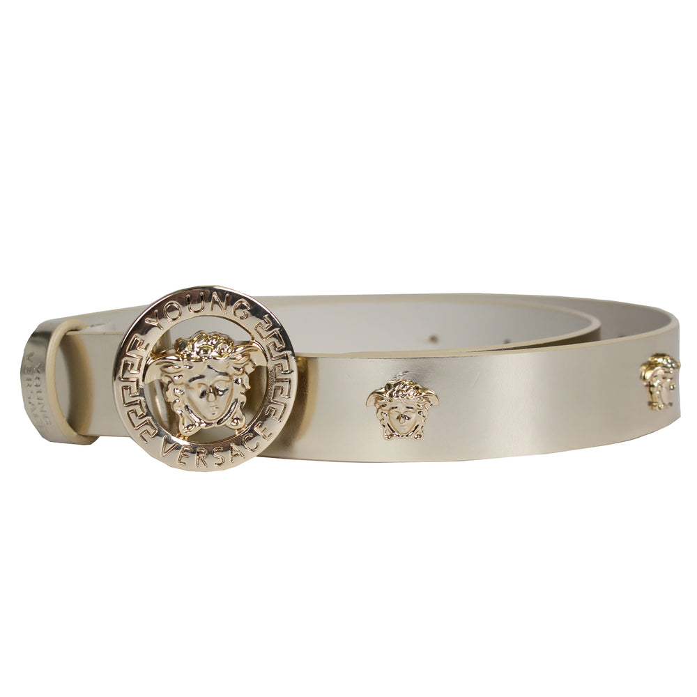 Young Versace girls leather belt with Medusa studs in gold — alternate view