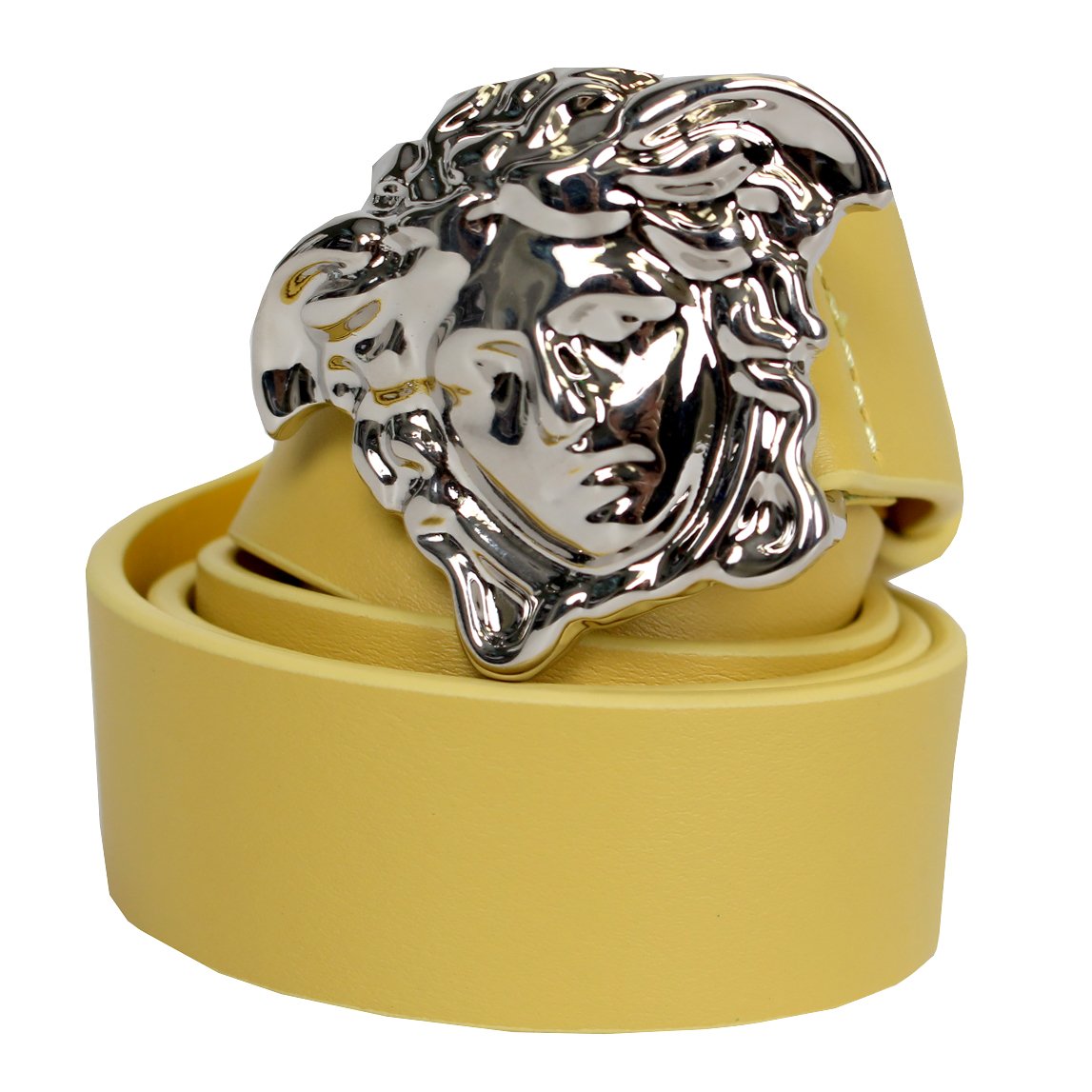 Kids Leather Belt with full Silver Medusa Head-Yellow