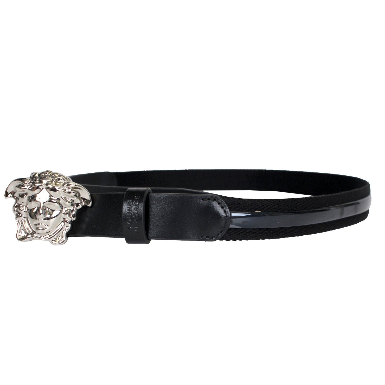 Kids Elastic and Leather Belt with Full Silver Head-Black