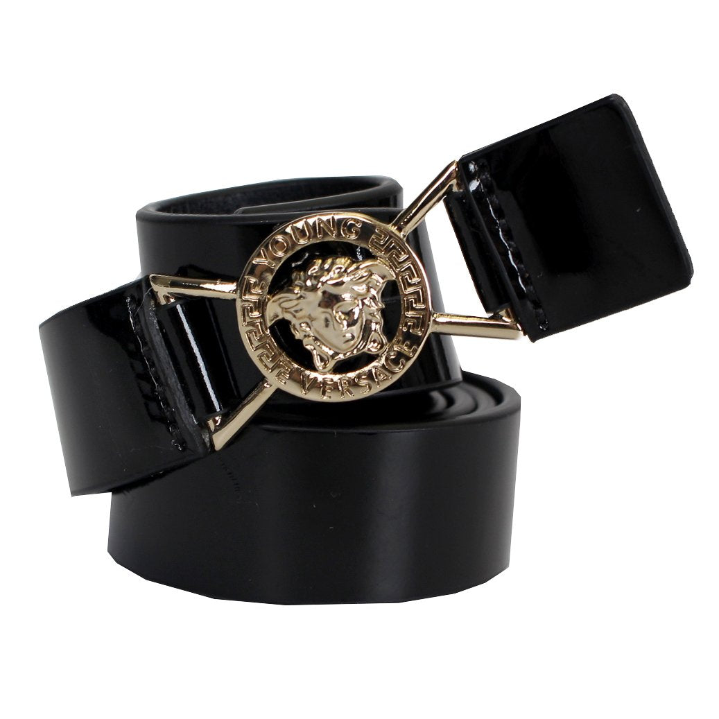 Girls Skinny Leather Belt with Small Round Medusa Head-Black
