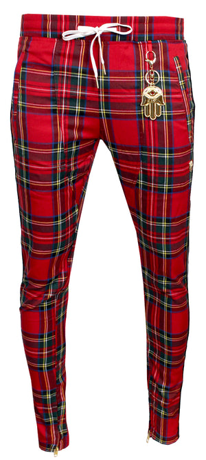 Men's Plaid Track Pants with Red and Black Stripes-Red
